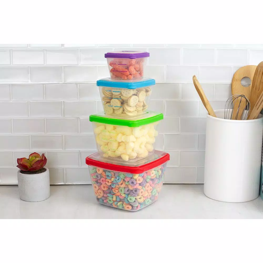 Home Basics 8-Piece Nesting Plastic Food Storage Container Set With Multi-Color Snap-On Lids - Image 3