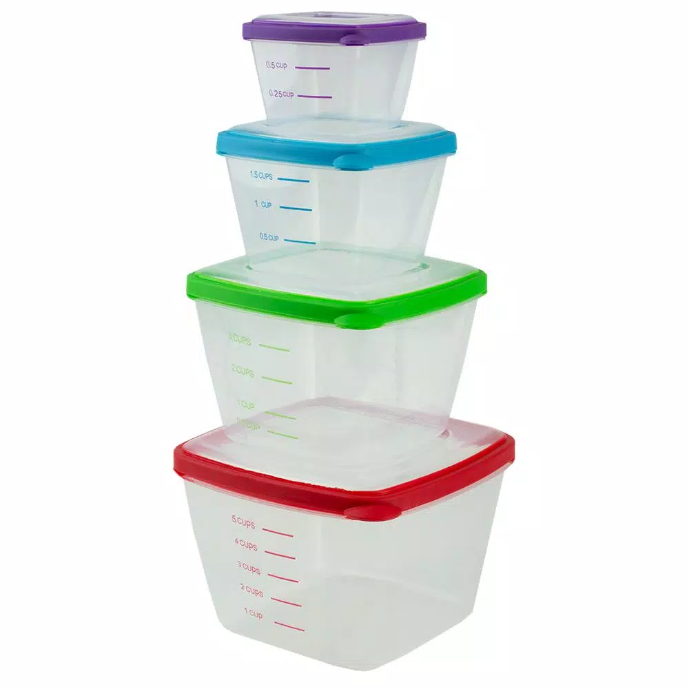 Home Basics 8-Piece Nesting Plastic Food Storage Container Set With Multi-Color Snap-On Lids