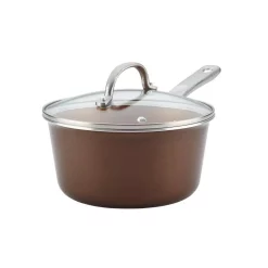 Cookware Ayesha Curry Home Collection 3 Qt. Aluminum Nonstick Sauce Pan In Brown Sugar With Glass Lid