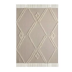 Throw Blankets LR Home Fringe Tufted Geometric Beige / Cream Cotton Throw Blanket