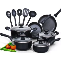 Cook N Home Stay Cool Handle 15-Piece Aluminum Nonstick Cookware Set In Black