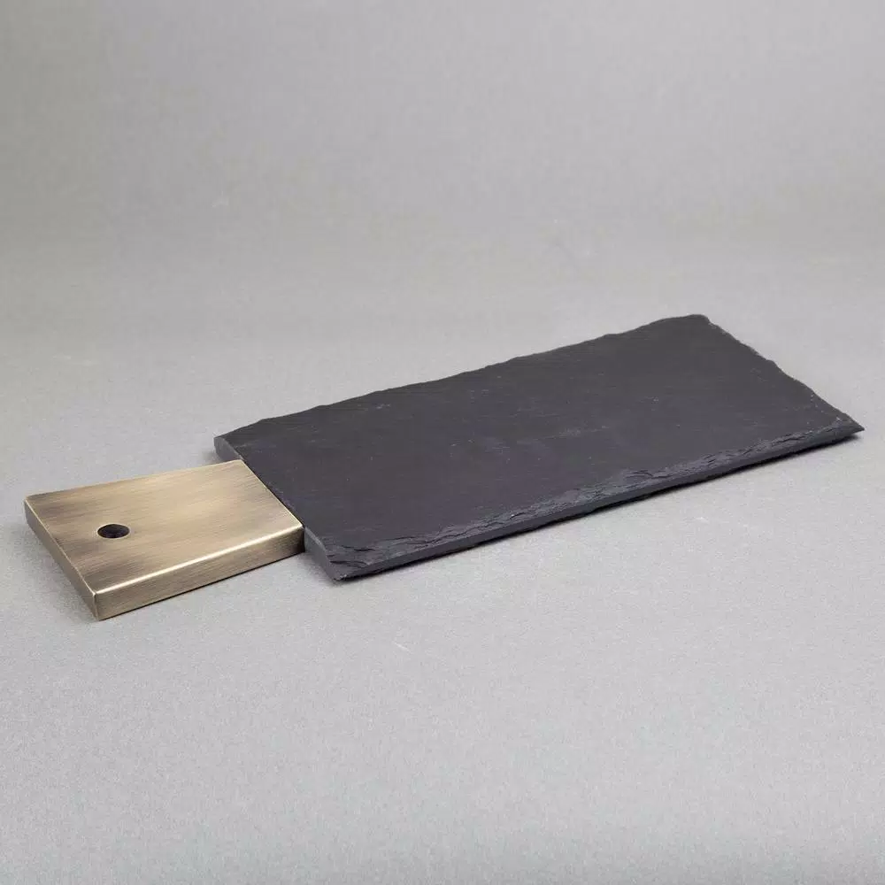 Serveware Creative Home Natural Slate Stone 13 In. X 5 In. X 1/2 In. H Black Cheese Serving Paddle Board With Stainless Steel Copper Trim Handle 4 Serveware Creative Home Natural Slate Stone 13 In. X 5 In. X 1/2 In. H Black Cheese Serving Paddle Board With Stainless Steel Copper Trim Handle - Image 2