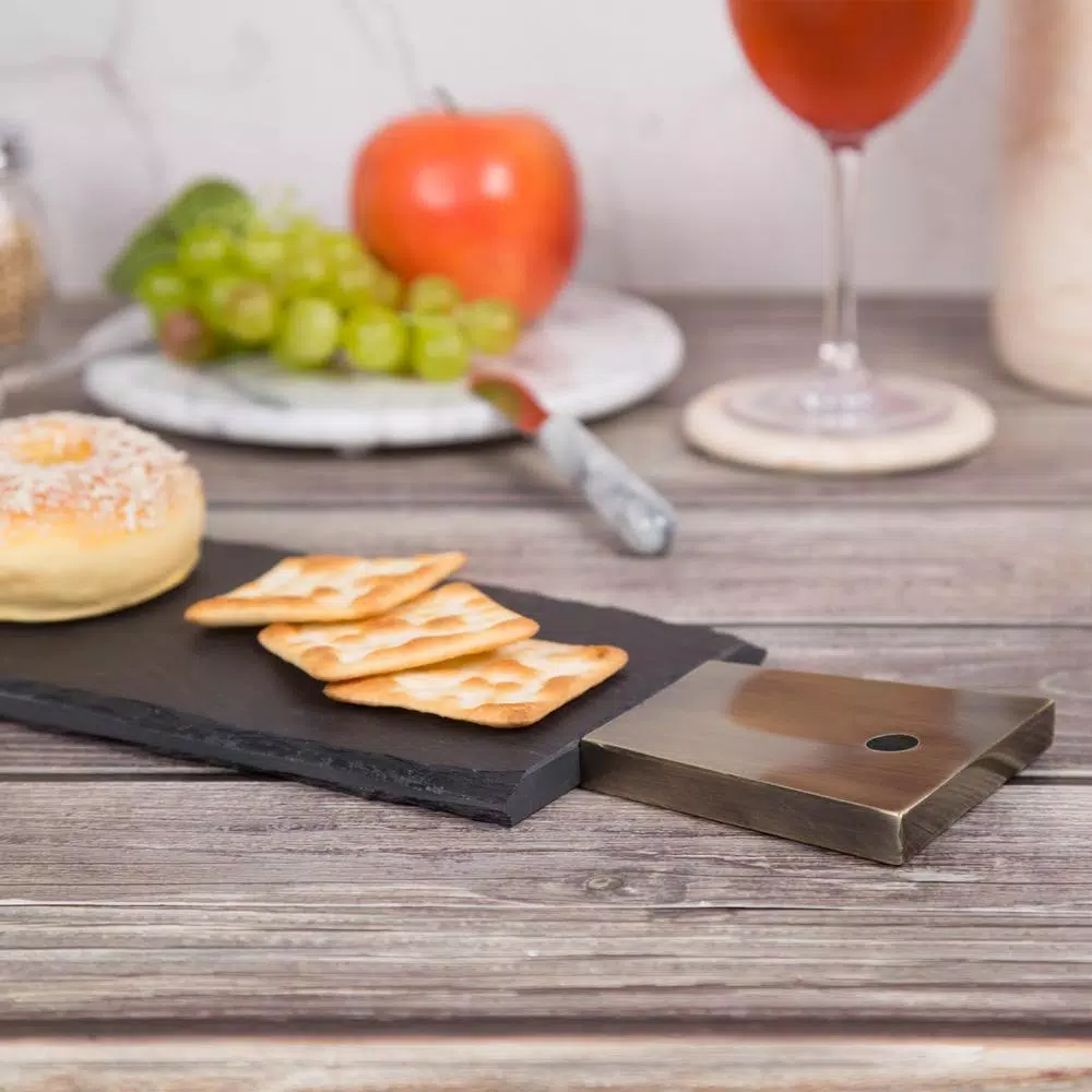 Serveware Creative Home Natural Slate Stone 13 In. X 5 In. X 1/2 In. H Black Cheese Serving Paddle Board With Stainless Steel Copper Trim Handle 8 Serveware Creative Home Natural Slate Stone 13 In. X 5 In. X 1/2 In. H Black Cheese Serving Paddle Board With Stainless Steel Copper Trim Handle - Image 6