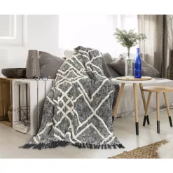 Throw Blankets LR Home Contemporary Black / White Cotton Over Tufted Geometric Throw Blanket -Home Accents shop black white lr home throw blankets throw80166bwt4250 31 1000