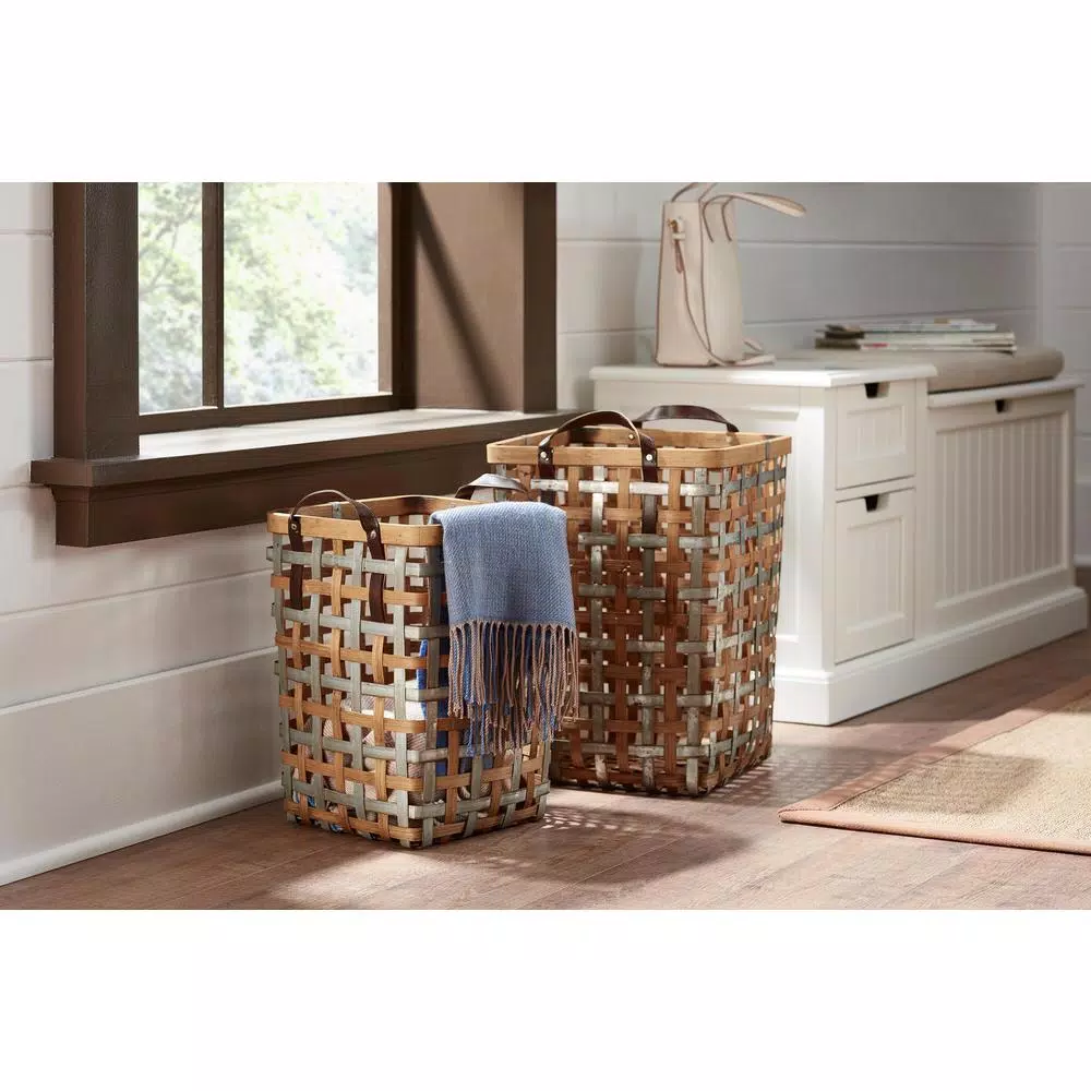 Storage Baskets Home Decorators Collection Home Decorators Collection Square Galvanized Metal And Natural Bamboo Woven Decorative Basket With Handles (Set Of 2) 5 Storage Baskets Home Decorators Collection Home Decorators Collection Square Galvanized Metal And Natural Bamboo Woven Decorative Basket With Handles (Set Of 2) - Image 3