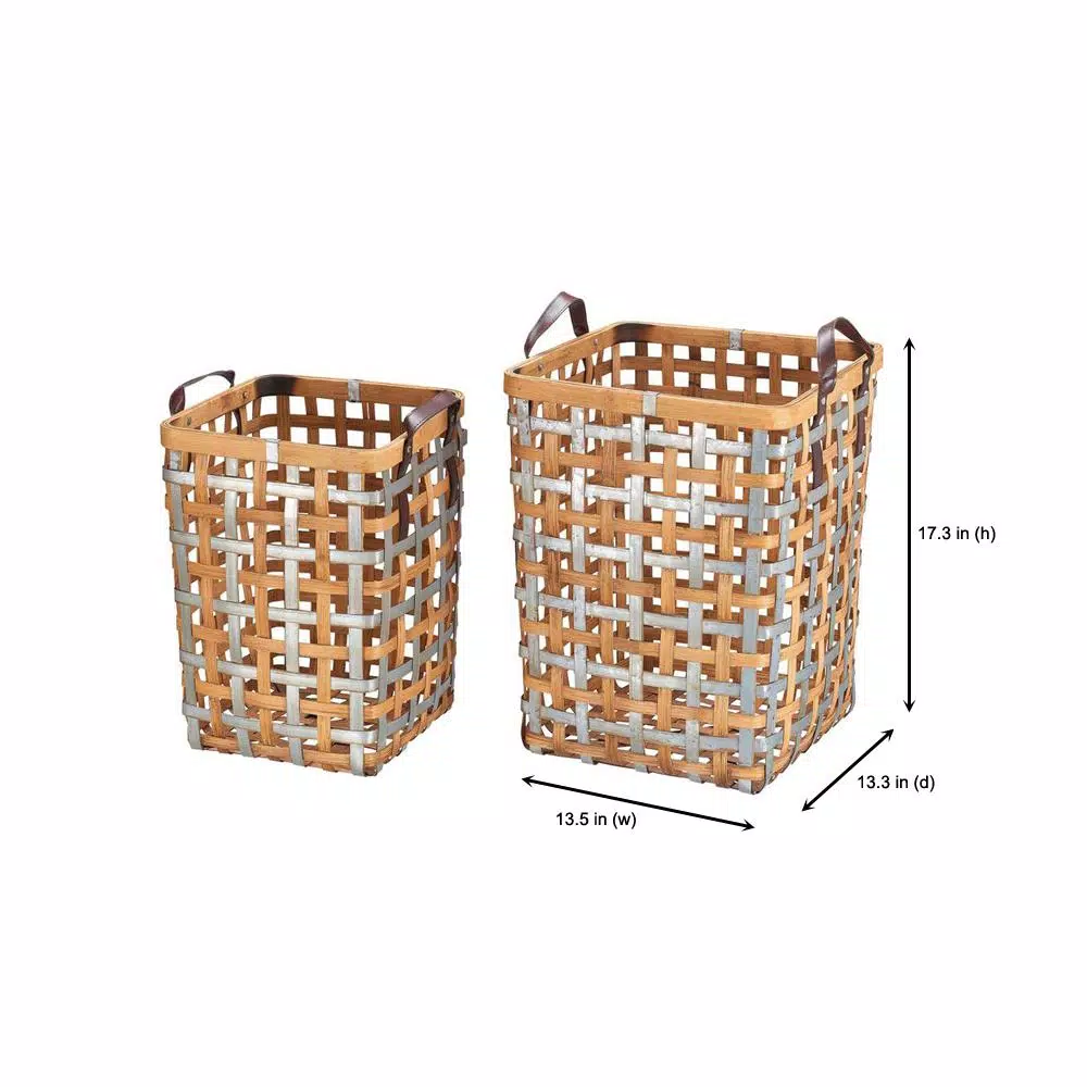 Storage Baskets Home Decorators Collection Home Decorators Collection Square Galvanized Metal And Natural Bamboo Woven Decorative Basket With Handles (Set Of 2) 4 Storage Baskets Home Decorators Collection Home Decorators Collection Square Galvanized Metal And Natural Bamboo Woven Decorative Basket With Handles (Set Of 2) - Image 2