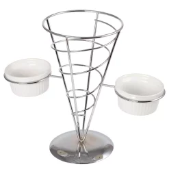 Serveware Creative Home Chrome Iron Wire French Fry Set With Single Cone Holder, 2-Ceramic Ramekins For Dipping Sauce