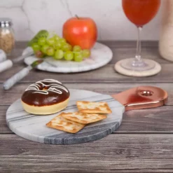Serveware Creative Home Natural Marble 12-1/8 In. X 8 In. X 1/2 In. H White Cheese Serving Paddle Board With Stainless Steel Copper Trim Handle -Home Accents shop copper creative home cheese board sets 32979 fa 1000