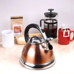 Cookware Creative Home Camille 3.0 Qt. Stainless Steel Whistling Tea Kettle With Aluminum Capsulated Bottom In Metallic Copper -Home Accents shop copper creative home tea kettles 77062 31 1000