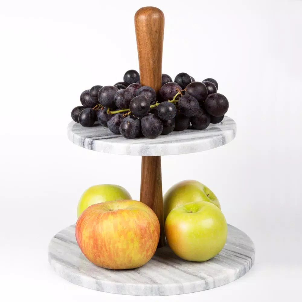 Serveware Creative Home 2-Tier Natural Marble And Acacia Wood Cake Dessert Stand, Fruit Plate, Pastry Server, Off-White 7 Serveware Creative Home 2-Tier Natural Marble And Acacia Wood Cake Dessert Stand, Fruit Plate, Pastry Server, Off-White - Image 5