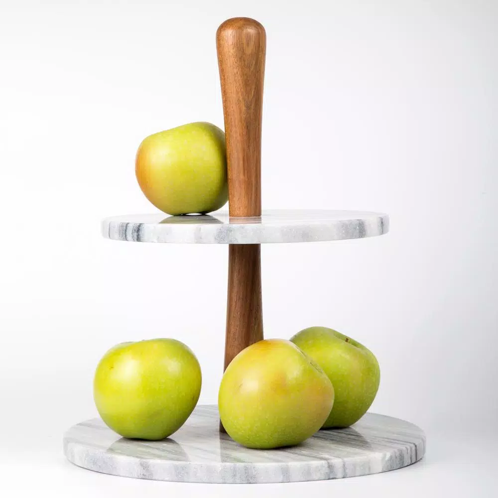 Serveware Creative Home 2-Tier Natural Marble And Acacia Wood Cake Dessert Stand, Fruit Plate, Pastry Server, Off-White 5 Serveware Creative Home 2-Tier Natural Marble And Acacia Wood Cake Dessert Stand, Fruit Plate, Pastry Server, Off-White - Image 3