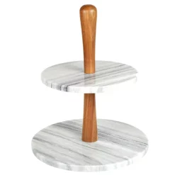 Serveware Creative Home 2-Tier Natural Marble And Acacia Wood Cake Dessert Stand, Fruit Plate, Pastry Server, Off-White