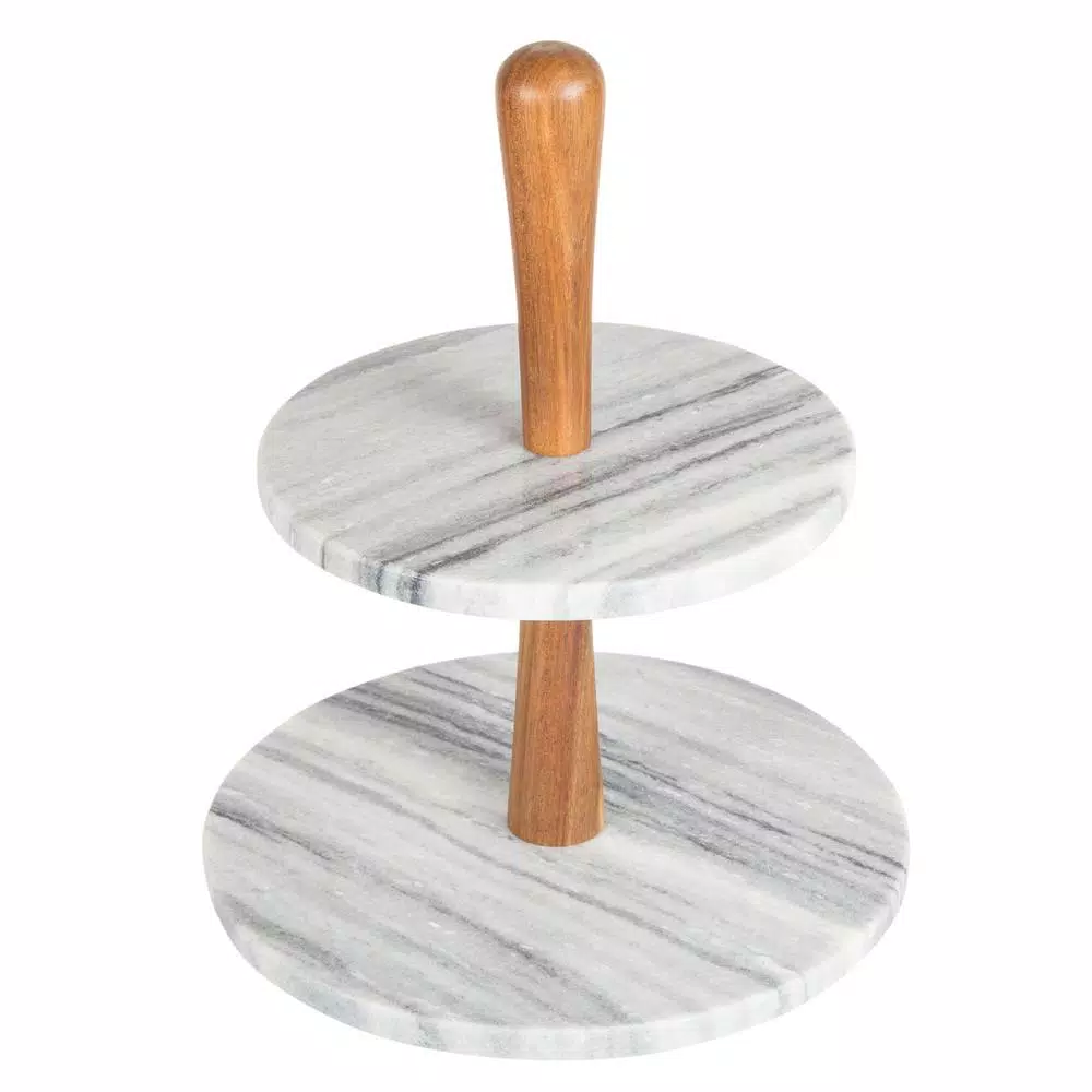 Serveware Creative Home 2-Tier Natural Marble And Acacia Wood Cake Dessert Stand, Fruit Plate, Pastry Server, Off-White 4 Serveware Creative Home 2-Tier Natural Marble And Acacia Wood Cake Dessert Stand, Fruit Plate, Pastry Server, Off-White - Image 2