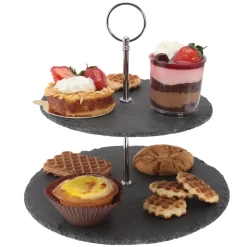 Serveware Creative Home 2-Tier Black Natural Slate Cake Stand Dessert Serving Plate Party Food Server -Home Accents shop creative home cake stands tiered cake stands 73494 1f 1000