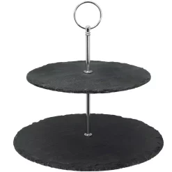 Serveware Creative Home 2-Tier Black Natural Slate Cake Stand Dessert Serving Plate Party Food Server