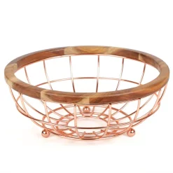 Countertop Storage Creative Home Deluxe Acacia Copper Plated Wood And Iron Wire Fruit Basket Fruit Bowl
