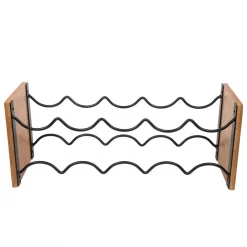 Bar Accessories Creative Home Acacia Wood And Black Wire Wine Rack, Whine Bottle Holder, Free Standing Wine Bottle Rack