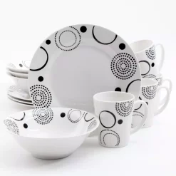 Gibson Home 12-Piece Mid-century Decorated With Black Geometric Design On White Porcelain Dinnerware Set (Service For 4)