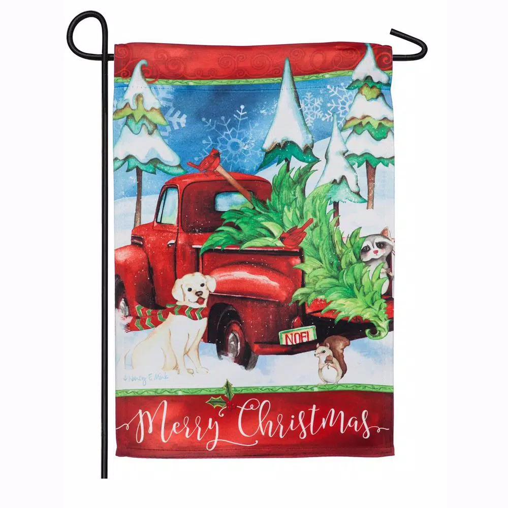 Outdoor Christmas Decorations Evergreen 18 In. X 12.5 In. Bringing Home The Tree Garden Suede Flag 3 Outdoor Christmas Decorations Evergreen 18 In. X 12.5 In. Bringing Home The Tree Garden Suede Flag