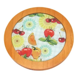 Serveware Creative Home 7.5 In. Round Tempered Glass Trivet Serving Board, Fruit Pattern With Solid Wood Trim