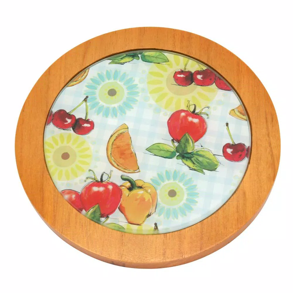 Serveware Creative Home 7.5 In. Round Tempered Glass Trivet Serving Board, Fruit Pattern With Solid Wood Trim 3 Serveware Creative Home 7.5 In. Round Tempered Glass Trivet Serving Board, Fruit Pattern With Solid Wood Trim