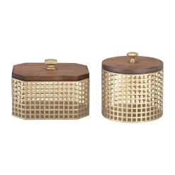 Storage Baskets Home Decorators Collection Home Decorators Collection Round And Octagonal Gold Metal Decorative Basket With Wood Lid (Set Of 2)