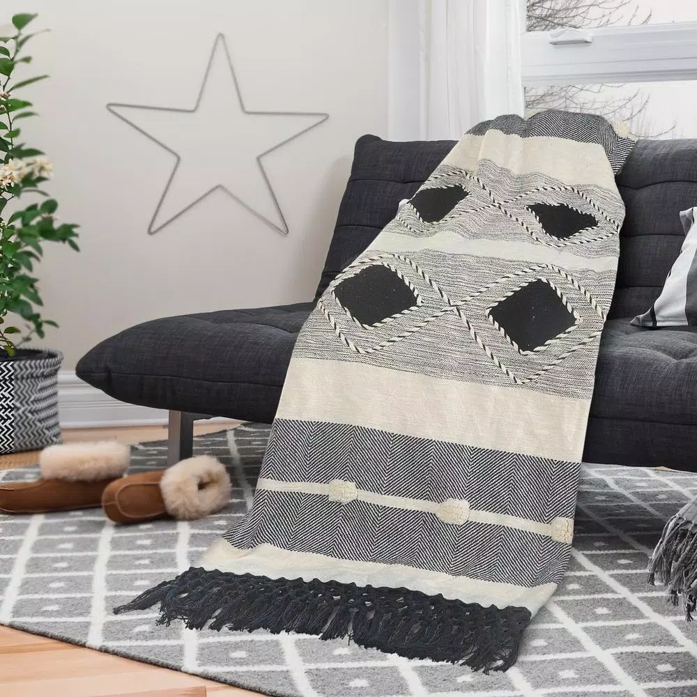 Throw Blankets LR Home Symmetry Gray Geometric Cotton Throw Blanket 6 Throw Blankets LR Home Symmetry Gray Geometric Cotton Throw Blanket - Image 4
