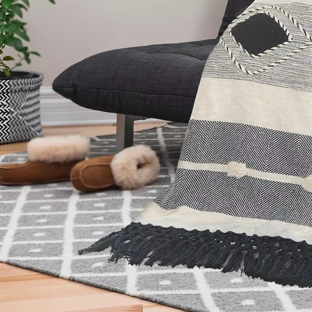 Throw Blankets LR Home Symmetry Gray Geometric Cotton Throw Blanket 5 Throw Blankets LR Home Symmetry Gray Geometric Cotton Throw Blanket - Image 3