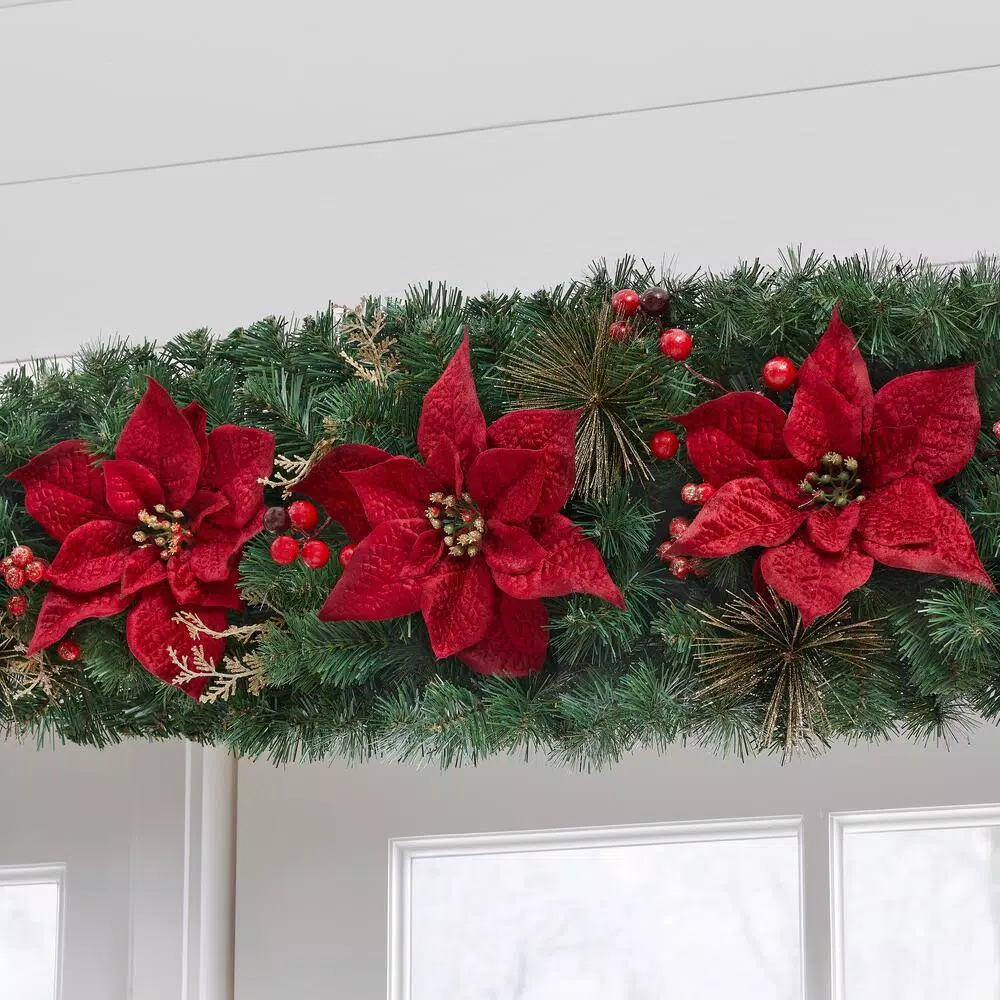 Christmas Greenery Home Accents Holiday 17 Ft. Burgundy Poinsettia Mixed Pine Garland With Berries And Gold Glitter Cedar 6 Christmas Greenery Home Accents Holiday 17 Ft. Burgundy Poinsettia Mixed Pine Garland With Berries And Gold Glitter Cedar - Image 4