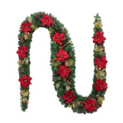 Christmas Greenery Home Accents Holiday 17 Ft. Burgundy Poinsettia Mixed Pine Garland With Berries And Gold Glitter Cedar