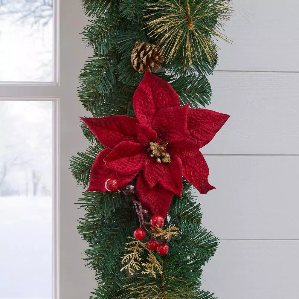 Christmas Greenery Home Accents Holiday 17 Ft. Burgundy Poinsettia Mixed Pine Garland With Berries And Gold Glitter Cedar 7 Christmas Greenery Home Accents Holiday 17 Ft. Burgundy Poinsettia Mixed Pine Garland With Berries And Gold Glitter Cedar - Image 5
