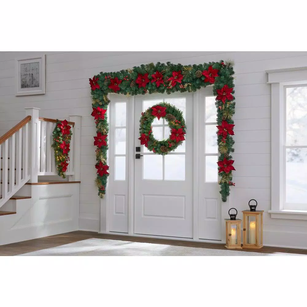 Christmas Greenery Home Accents Holiday 17 Ft. Burgundy Poinsettia Mixed Pine Garland With Berries And Gold Glitter Cedar 4 Christmas Greenery Home Accents Holiday 17 Ft. Burgundy Poinsettia Mixed Pine Garland With Berries And Gold Glitter Cedar - Image 2