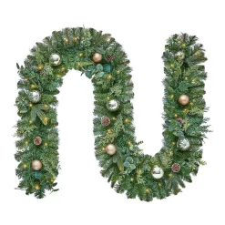 Christmas Greenery Home Accents Holiday 9 Ft. St. Germain Battery Operated Mixed Pine LED Pre-Lit Christmas Garland With Timer