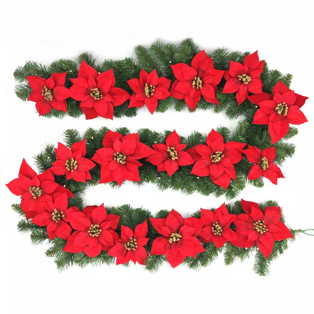 Christmas Greenery Home Accents Holiday 9 Ft. Berry Bliss Battery Operated Pre-Lit LED Artificial Christmas Garland With Poinsettia 3 Christmas Greenery Home Accents Holiday 9 Ft. Berry Bliss Battery Operated Pre-Lit LED Artificial Christmas Garland With Poinsettia