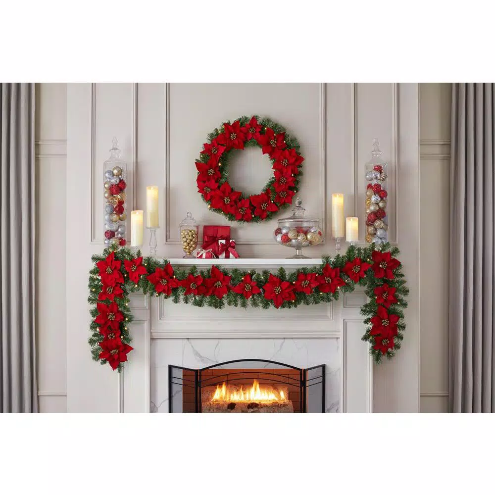 Christmas Greenery Home Accents Holiday 9 Ft. Berry Bliss Battery Operated Pre-Lit LED Artificial Christmas Garland With Poinsettia 4 Christmas Greenery Home Accents Holiday 9 Ft. Berry Bliss Battery Operated Pre-Lit LED Artificial Christmas Garland With Poinsettia - Image 2