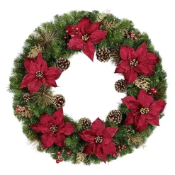 Christmas Greenery Home Accents Holiday 36 In. Burgundy Poinsettia Pine Wreath With Berries, Gold Glitter Cedar And Pinecones