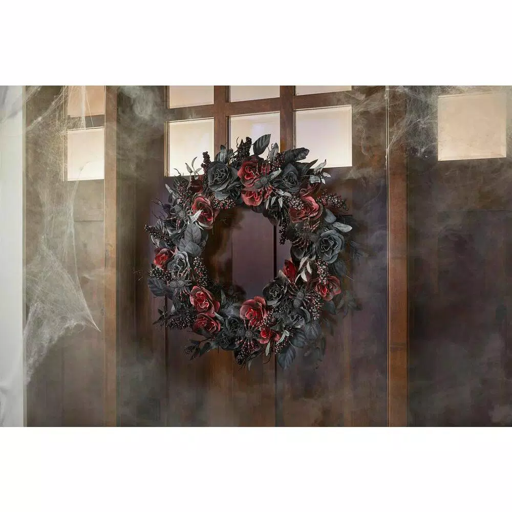 Outdoor Halloween Decorations Home Accents Holiday 30 In. Black Burgundy Halloween Rose Wreath 4 Outdoor Halloween Decorations Home Accents Holiday 30 In. Black Burgundy Halloween Rose Wreath - Image 2