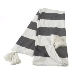 Throw Blankets LR Home Metty Charcoal / Ivory Bold Striped Tasseled Cotton Throw Blanket