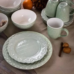 Gibson Home Quilted Eyelet 16-Piece Round Light Grey Fine Ceramic Dinnerware Set (Service For 4) -Home Accents shop light gray gibson home dinnerware sets 985114293m 31 1000