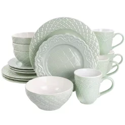 Gibson Home Quilted Eyelet 16-Piece Round Light Grey Fine Ceramic Dinnerware Set (Service For 4)