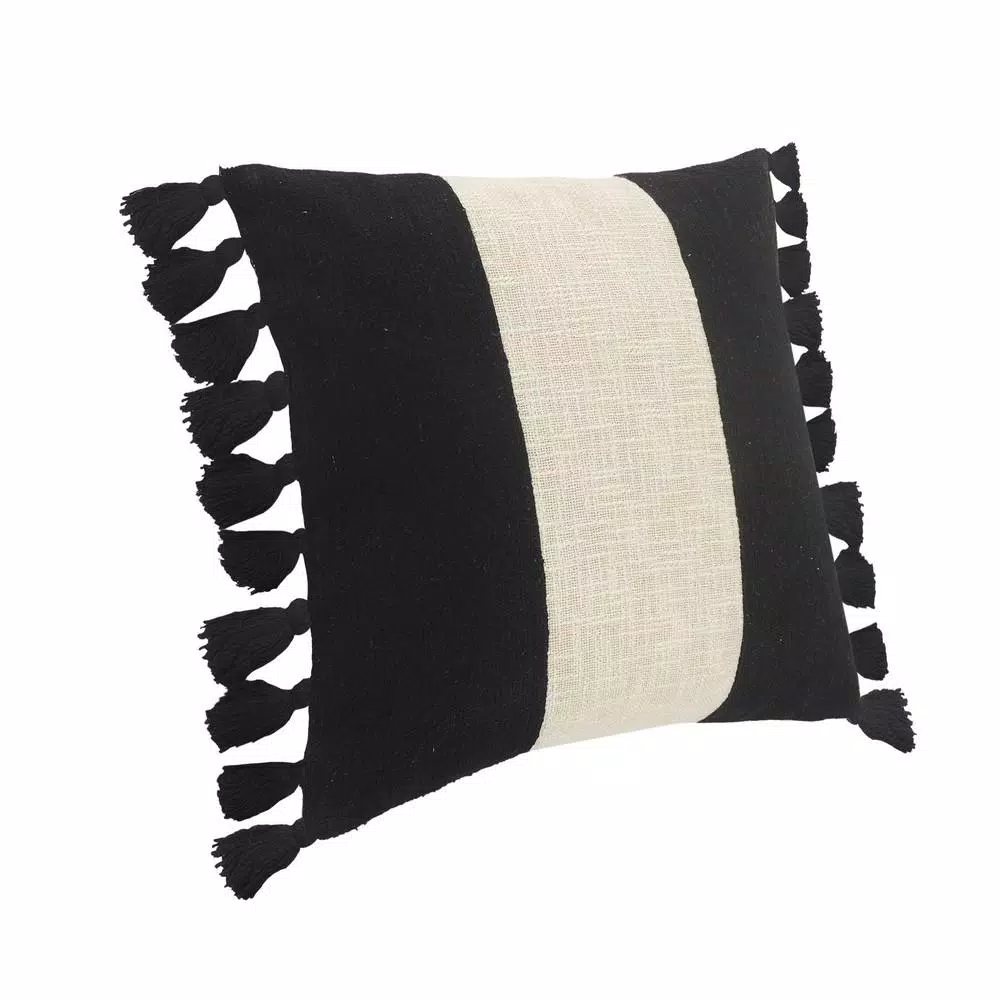 Throw Pillows LR Home Trinity Black And Ivory Stripe Fringe Soft Poly-fill 20 In. X 20 In. Throw Pillow 8 Throw Pillows LR Home Trinity Black And Ivory Stripe Fringe Soft Poly-fill 20 In. X 20 In. Throw Pillow - Image 6