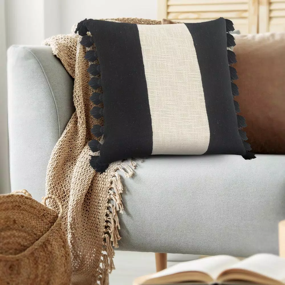 Throw Pillows LR Home Trinity Black And Ivory Stripe Fringe Soft Poly-fill 20 In. X 20 In. Throw Pillow 4 Throw Pillows LR Home Trinity Black And Ivory Stripe Fringe Soft Poly-fill 20 In. X 20 In. Throw Pillow - Image 2
