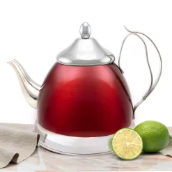 Cookware Creative Home Nobili-Tea 2.0 Qt. Metallic Cranberry Stainless Steel Tea Kettle With Removable Infuser Basket -Home Accents shop metallic cranberry creative home tea kettles 77060 c3 1000