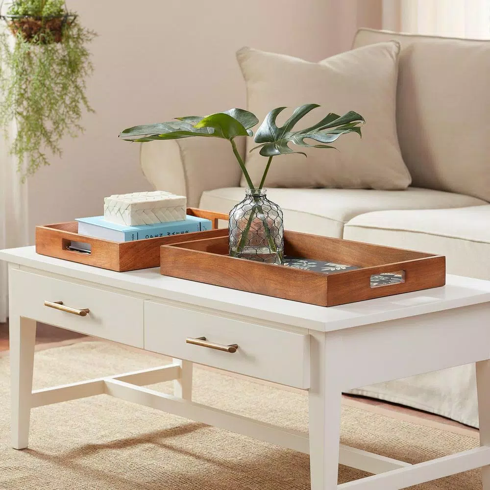 Decorative Trays Home Decorators Collection Home Decorators Collection Floral And Wood Decorative Rectangle Tray (Set Of 2) - Image 3