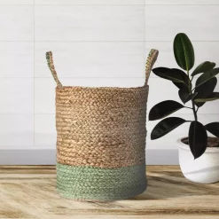 Storage Baskets LR Home Wise Braided Natural Jute Green Decorative Basket With Handles