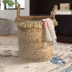 Storage Baskets LR Home Claine Braided Fringed Natural Jute Decorative Storage Basket With Handles