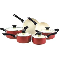 Cook N Home Stay Cool Handle 10-Piece Aluminum Ceramic Nonstick Cookware Set In Red